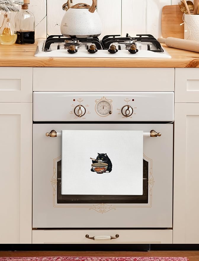 Black Cat Kitchen Hand Towels Bathroom Decor, Funny Japanese Noodle Cat Dish Towels Tea Towels for Kitchen,16x24 Inch