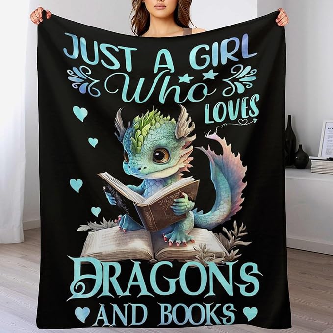 Just A Girl Who Love Dragons and Book Blanket Dragons Gifts for Girls Boys Woman Kids Read Lover Throw Blankets Soft Blanket Warm Fleece Flannel Plush Blankets for Bed Sofa Couch 50"x60"