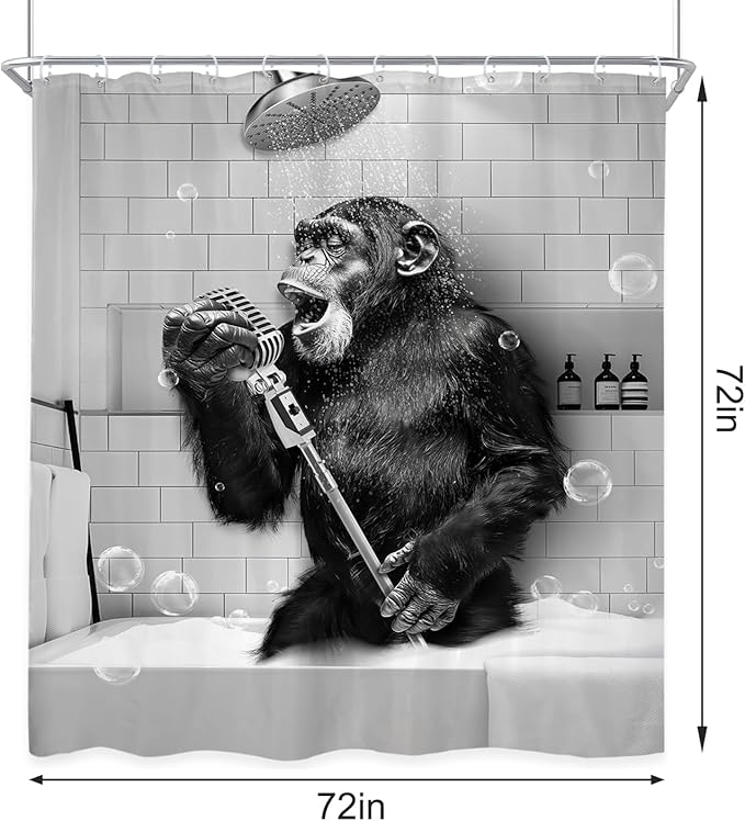 4Pcs Funny Monkey Shower Curtain Set with Non-Slip Rugs, Toilet Lid Cover and Bath Mat, Black White Animal Chimpanzee Singing in Bathtub Men Bathroom Set with 12 Hooks, Modern Cool Bath Decor