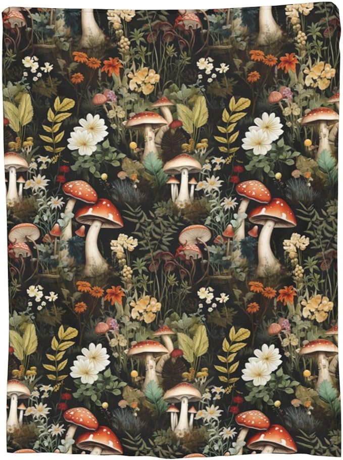 Mushroom Blanket Gifts Floral Weed Flannel Throw Blankets for Home Decor Couch Bed Sofa Soft Fuzzy Lightweight for All Season 60x50 Inches