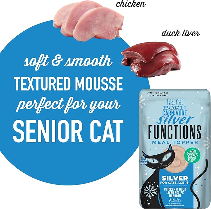 Tiki Cat Born Carnivore Functions Silver, Chicken & Duck Liver Recipe in Broth, High Protein Formulated for Senior Cat Diets, Mousse Cat Food Topper for Older Cats 11+, 1.5 oz. Pouch (12 Count)
