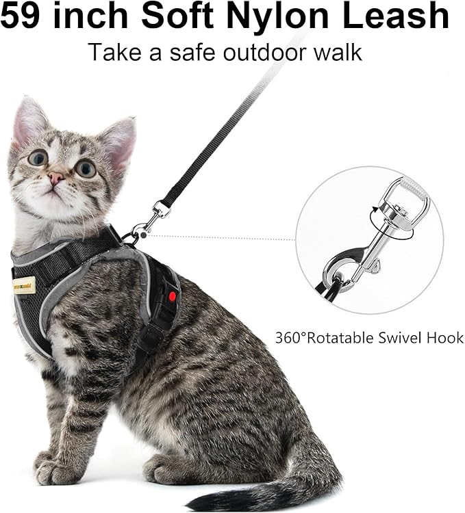 Cat Harness and Leash for Walking, Retractable Cat Harnesses and Leash Set Escape Proof, Breathable Soft Kitten Harness Small Large Cat Harness for Travel Training and Walking, Black, S