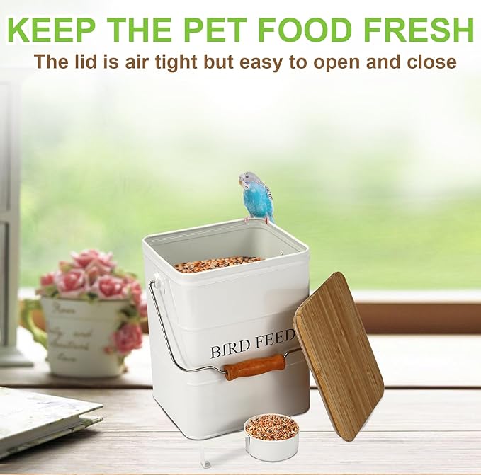 Bird Seeds storage container, Metal food tin for Birds, pet snacks Canisters with wooden lid/handle/sevice scoop,hold 5-6 lbs