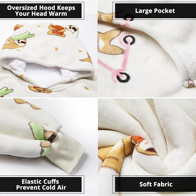 THREE POODLE Wearable Blanket Hoodie, Oversized Long Sherpa Sweatshirt Blanket for Adults Women Men, Warm Cozy Sloth Hooded Blanket, Gifts for Mom Girlfriend