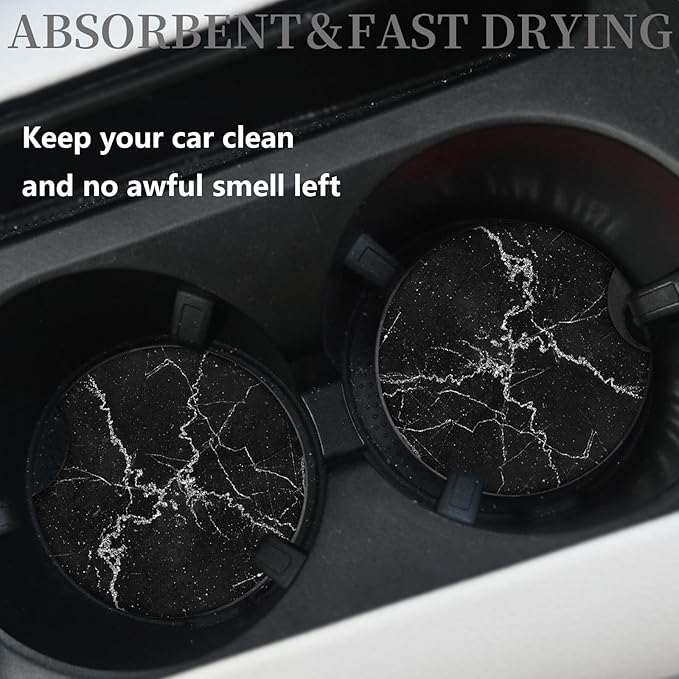 Car Accessories for Women&Man, Car Coasters for Cup Holders, Pack of 2 2.75inch Universal Anti Slip Car Assecories, Car Coasters with A Finger Notch(Black Marble)