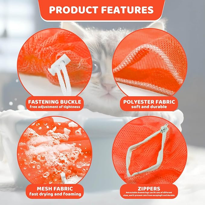 Cat Bathing Bag Anti Scratch and Bite, Cat Shower Bag Soft Mesh Net Bag for Small/Medium/Large Cats Restraint Grooming Nail Trimming Washing - Orange