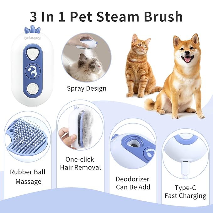 Bobopal Cat Steam Brush, 3 In 1 Cat Brush for Shedding, Self-Cleaning Cat Dog Grooming Brush, Steamy Pet Brush for Long & Short Haired Cats & Dogs Hair Removal Comb with Water Tank Anti-Static