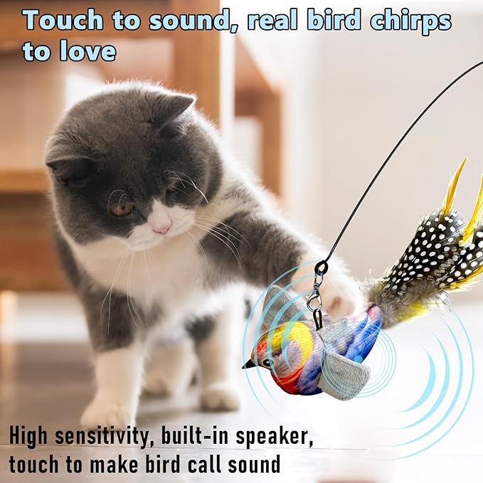 Cat Toys, Interactive Cat Toys Set, Simulated Bird Sound Interactive Feather Toys, Bird Cat Toys for Indoor Cats Teaser Play and Chase Exercise