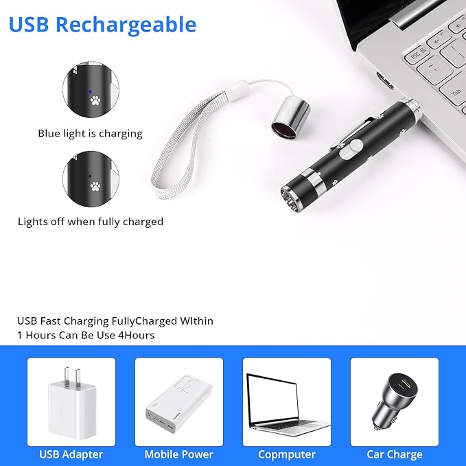 Cat Toy, Cat Toys for Indoor Cats, Long Range 7 Adjustable Patterns for Cats and Dogs, Interactive Red Cat Chase Light for Fun, Exercise and Training - USB Rechargeable