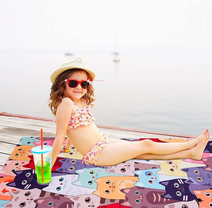 LIVILAN Large Kitten Cat Beach Towel, 30" X 60" Soft Microfiber, Absorbent, Quick Dry, Sand Free, Light, Multiuse for Bath, Pool, Swim, Cute Cat Gifts
