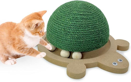 Fhiny Cats Scratching Ball, Natural Sisal Scratching Toy with Roller Track Toys and Wooden Base Kitten Turtle Shape Scratch Post for Indoor Cats Interactive Training Exercise Scratcher for Small Pets