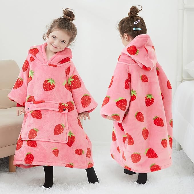 KFUBUO Wearable Blanket Hoodie for Kids Toddlers Sherpa Blanket Sweatshirt With Pocket Cute Hoodies 2-6 Year Old Girl Birthday Gifts Strawberry