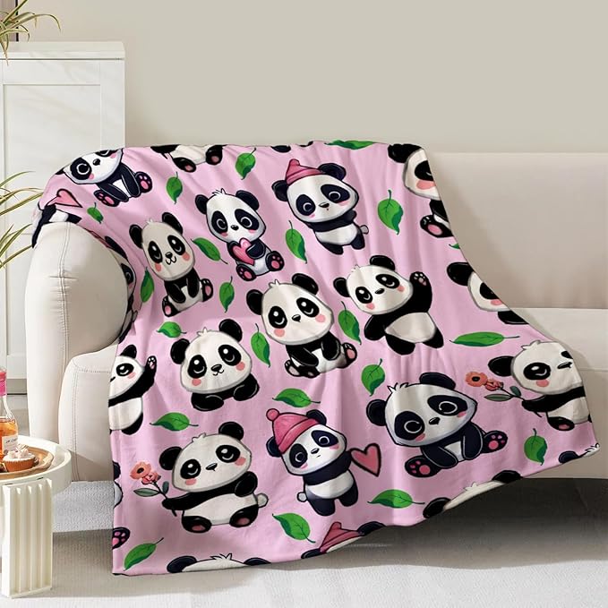 Panda Blanket Gifts for Women Men Girls Boys Panda Print Present for Kids Adult Teen Birthday Valentines Mothers Festival Christmas Decor Bedroom Living Room Couch Sofa Soft Flannel Pink Throw 60"x50"