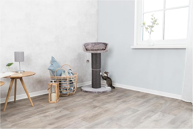 TRIXIE Pepino Cat Scratching Post 35 Inch - Cat Scratcher with Soft Fabric Covering Base and Durable Sisal Rope - with Platform Bed & Dangling Cat Toy - in Gray