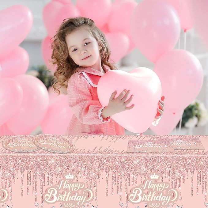 41Pcs Rose Gold Birthday Party Decorations - Pink Rose Gold Theme Supplies - Includes 20 Plates, 20 Napkins and 1 Tablecloth for Girls Women