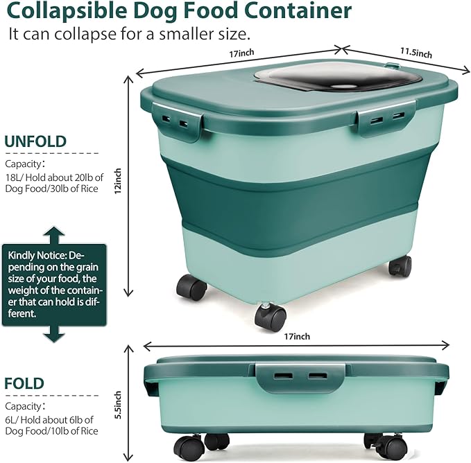 Dog Food Storage Container, 5-20Lbs Collapsible Pet Food Storage Containers with Rolling Wheel Airtight Locking Lid, Dry Food Storage Bin with Cup and Scoop, Suitable for Pet Food, Flour, Rice