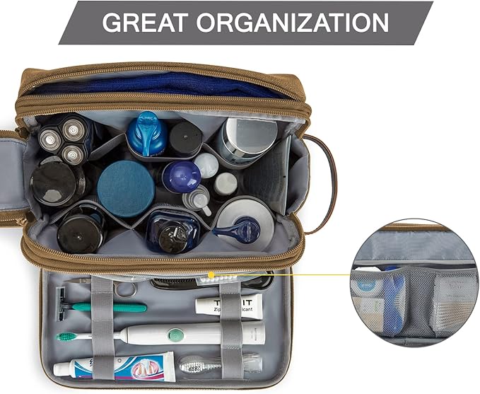 BAGSMART Toiletry Bag for Men, Canvas Travel Toiletry Organizer Dopp Kit Water-resistant Shaving Bag for Toiletries Accessories,Khaki-Large