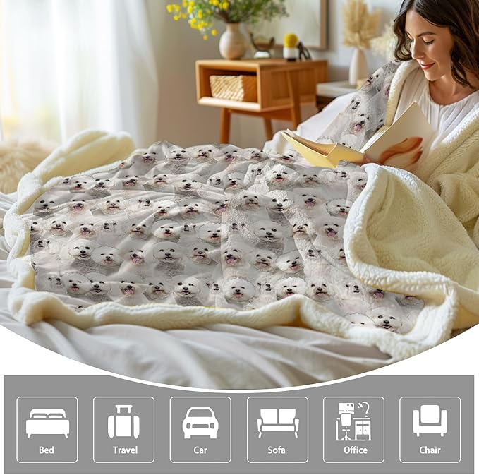 BlessLiving Bichon Frise Sherpa Fleece Throw Blanket 60" x 80" Soft Fluffy Warm Cozy Dogs Blanket for Couch Bed Sofa Chair Cute Puppy Fleece Blanket Reversible Animal Pattern Blankets Gifts for Women