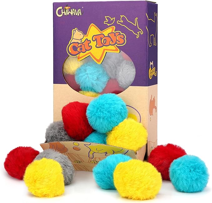 CHIWAVA 24PCS 1.8" Catnip Furry Cat Toys Ball Soft Pom Pom Balls Kitten Chasing Quiet Play Assorted Color