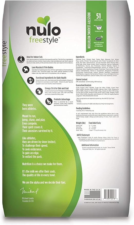 Nulo Indoor Grain Free Dry Cat Food With Bc30 Probiotic (Duck & Lentils Recipe, 5Lb Bag)