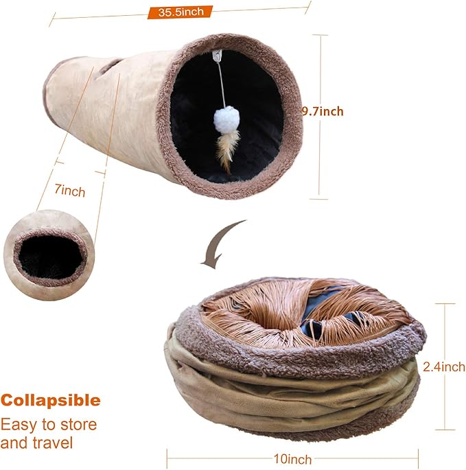 Petest Collapsible Cat Tunnel Pet Play Tube Crinkle Tunnel with Cat Toys，Length 35" Diameter 9.7"