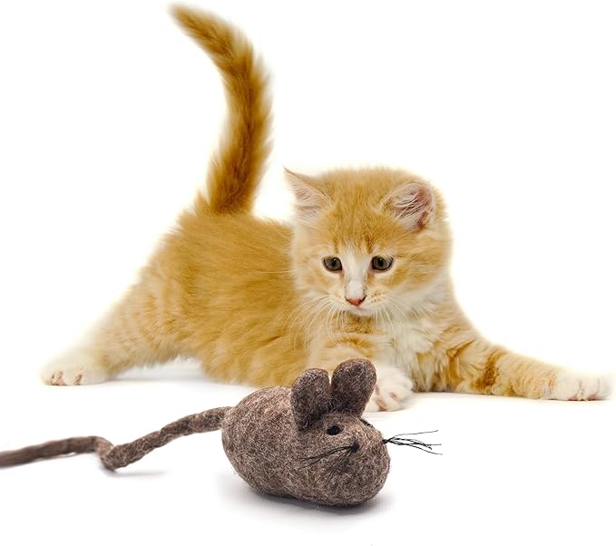 Glaciart One Felt Mouse Cat Toy – Soft Fuzzy Enrichment 100% Natural Wool Toy - Interactive Catnip Play Cat Toy Set - Safe for Pets, Non-AZO Colored Dyes - 100” Long