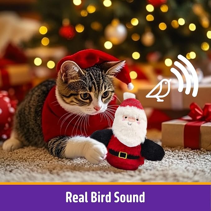 Interactive Christmas Cat Toys, Flapping Santa Clause Cat Toys, Lifelike Bird Chirp, USB Rechargeable Catnip Toy for Bored Indoor Cats Chase Exercise, 3 Modes