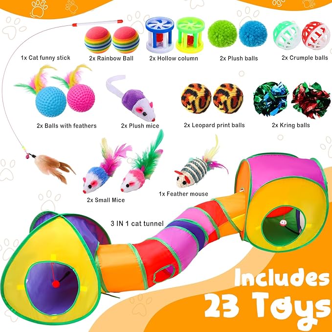 21 Pcs Cat Tunnels for Indoor Set, 3 In1 Collapsible Cat Tunnel Toy with Cube Tent Toys Combo and 20 Pcs Interactive Kitty Toys Cat Feather Toy Fluffy Mouse Crinkle Balls for Kitten Puppy