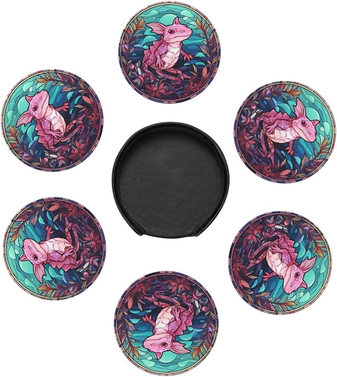 Axolotl Drink Coaster Set of 6, Axolotl Decor Gifts, Leather Drink Coasters with Holder, 6 Pack Cup/Bar/Drink Coasters for Table/Drinks/Coffee Protection Housewarming Gift (Axolotl)