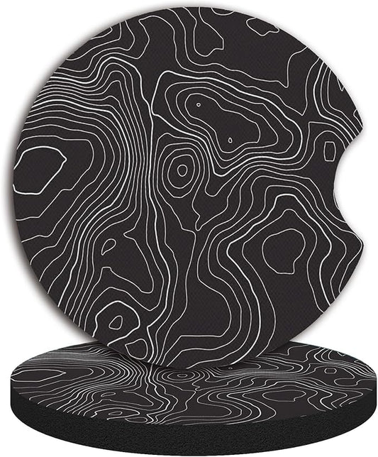 Black Contour Map Cute Cup Holder Coasters,Car Coasters for Cup Holders,Cute Car Accessories for Women Interior, 2 Pack Absorbent Universal Neoprene Car Coasters with Finger Slot