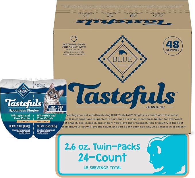 Blue Buffalo Tastefuls Spoonless Singles Natural Wet Cat Food Paté, 2.6-oz Twin-Pack Trays, White Fish & Tuna Entreé (24 Count)