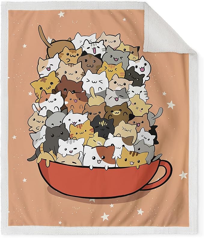 Jekeno Cat Blanket Gifts for Women - Unique Presents for Cat Lovers Mom Sister Daughter Birthday Christmas Valentines Room Decor Soft Comfy Plush Teacup Cats Sherpa Throw 50"x60" Orange