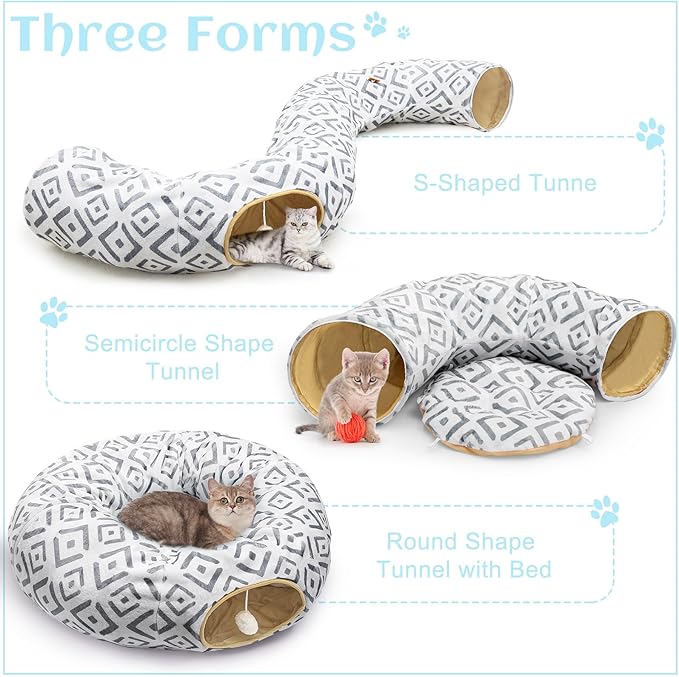Cat Tunnel Bed, Bienbee Cat Tunnel 2 in1 S-Shape Foldable Cat Tunnels for Indoor Cats Large, Cat Tubes Peekaboo Cat Cave for Cats Guinea Pig Rabbit Grey Grid