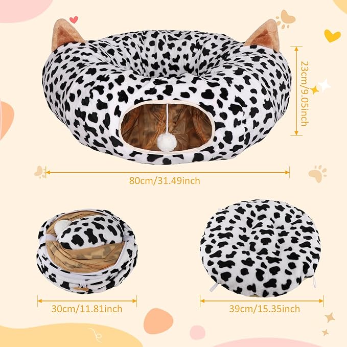 Cat Tunnel Bed for Indoor Cats - Extra Large Round Cat Tube Donut Circle Tunnels with Plush Ball Toy Circular Collapsible Fluffy Cave Cover for Kittens Kitty and Dog