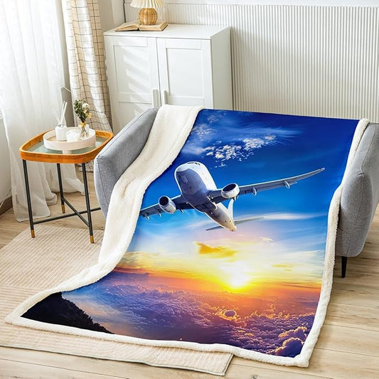 Feelyou Aircraft Throw Blanket Airplane Print Fleece Blanket for Couch Bed Sofa Aircraft Flying Sherpa Blanket Breathable Sunset Scenery Fuzzy Blanket Flying Plane Travel Room Decor Throw 50"x60"