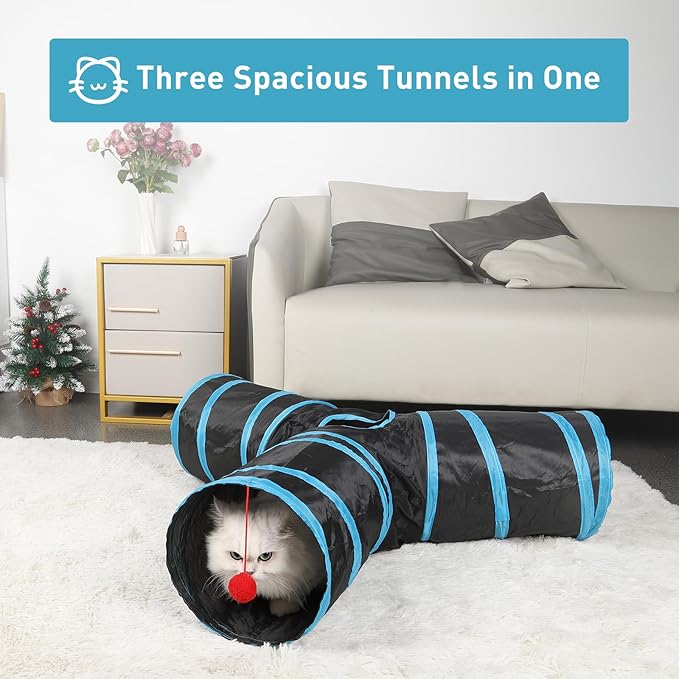 3 Way Cat Tunnel and Tube, Cat Tunnels for Indoor and Outdoor Cats, Collapsible Cat Tunnels with Peek Hole for Cat, Puppy, Kitty, Rabbit, Puppy (Y-Shaped Black-Blue)
