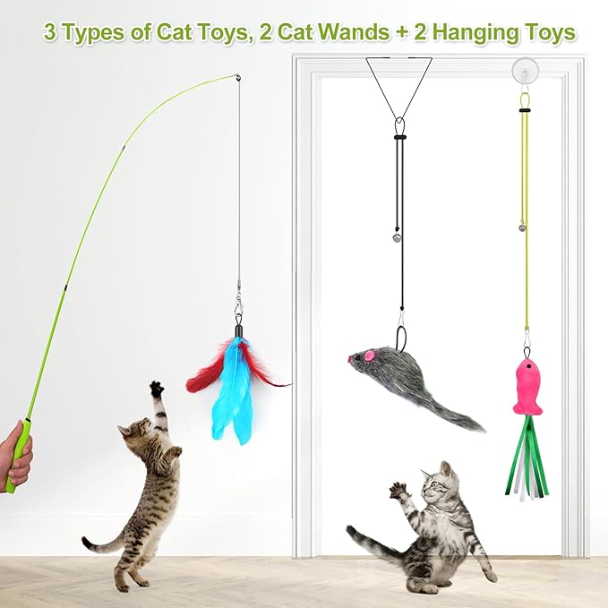 Cat Toys Interactive for Indoor Cats, 2 Retractable Cat Wand Toys, 2 Hanging Door Cat Toy with Mouse Fish, 5 Teaser Toys, Cat Feather Toys for Bored Indoor Adult Cats Kitten Stimulation Exercise Toys