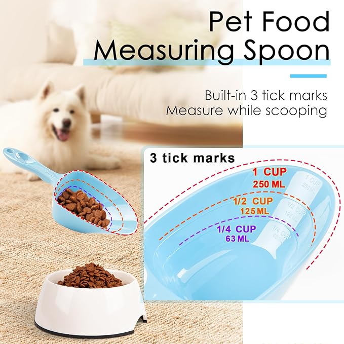 Melamine Pet Food Measuring Scoop, 1 Cup 1/2 Cup 1/4 Cup with Clear Measurement Lines for Dog, Cat, Bird, and Rabbit, Durable, Ergonomic Handle, Dishwasher safe-Blue