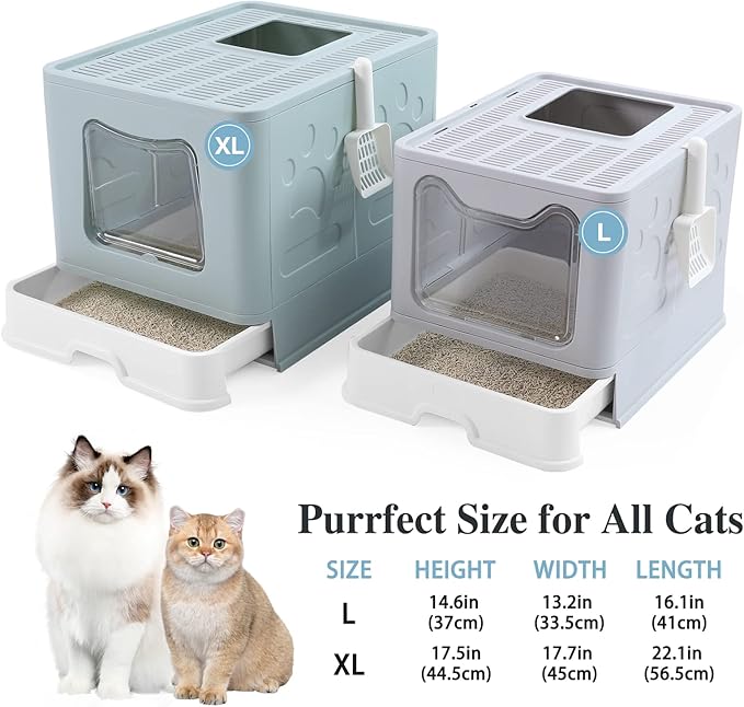 Bolux Foldable Cat Litter Box with Lid, Extra Large Litter Box with Cat Litter Scoop, Drawer Type Cat Litter Pan Easy to Scoop & Low Tracking (Blue XL)