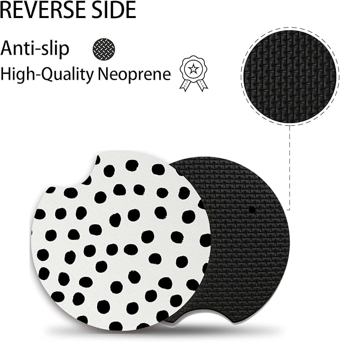 Car Coasters for Cup Holders,Cute Car Accessories for Women Interior,Cute Auto Accessories Gifts Cute Black Polka Dot,Pack of 2 2.75inch Drink Cup Car Holder Coasters with A Finger Notch