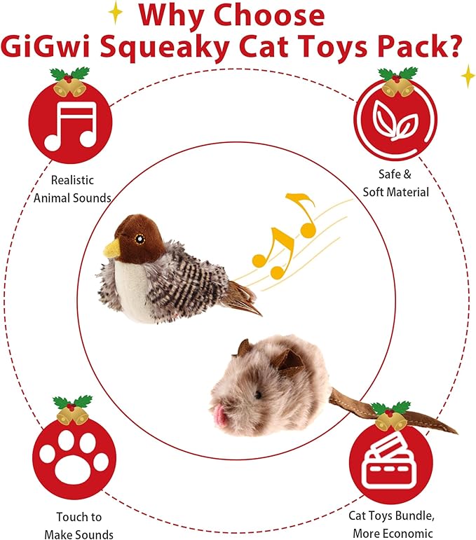 Gigwi Automatic Cat Toys Pack, Interactive Cat Toys Electronic Squeaky Animals Bird and Mouse, Plush Toys for Cats to Play Alone, Play and Squeak Cat Toys for Indoor Cats Boredom, 2 Pcs