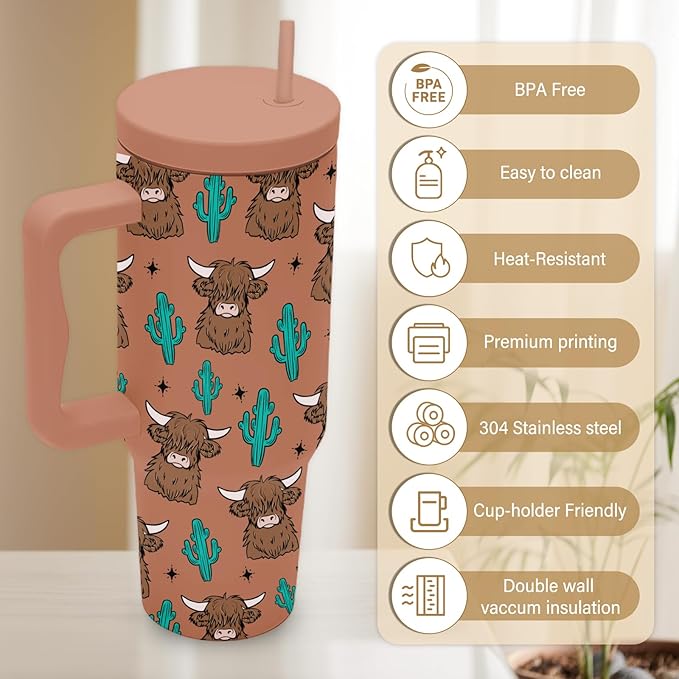 Highland Cow Tumbler, Cow Yak Bull Cup Gifts For Men, Cute Yak Cuctus Tumbler With Handle 40 Oz, Birthday Gifts For Cowboy Animal Enthusiasts, Cuctus Khaki Insulated Tumblers Cup