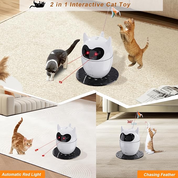 Interactive Cat Toy, 2 in 1 Automatic Cat Toy for Indoor Cats, Rechargeable Automatic Random Rotating Dual Cat Toy, Fluttering Moving Feather with Mini Bells, Cat Wand Toy for Cats/Kittens/Dogs