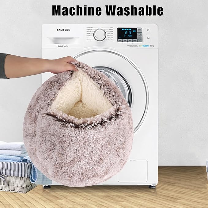 Round Hooded Cat Bed & Dog Bed with Cover Cave, Dog Bed for Small Dogs, Faux Fur Cuddler Round Coved Cat Bed Self Warming Donut Dog Bed Fits up to 22 lbs Pets(Coffee, 24inch x 24inch)