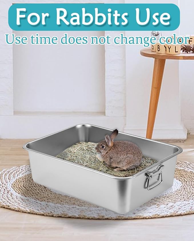 BNOSDM 2 Pack Stainless Steel Litter Box Small with Handles (16" x 12" x 6") Metal Cat Litter Pan High Sided Cat Toilet with Litter Sifting Scoop for Rabbits Kittens