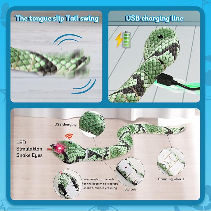 Cat Toys Interactive Kitten Toys Snake RC&Sensing Mouse and Smart Sensing Snake Toy-2pcak,USB Rechargeable,Automatically Sense Obstacles and Escape for Indoor Cats Dogs(Green Snake and mice)