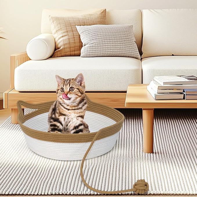 Cotton Rope Cat Bed, Cat Foldable Sleeping Basket, Pet Sleeping Bed Basket with a Playing Rope Ball, Hand Woven Small Dogs Sofa Bed, Kitten Shaped House for Pets (Medium, Brown & Beige)