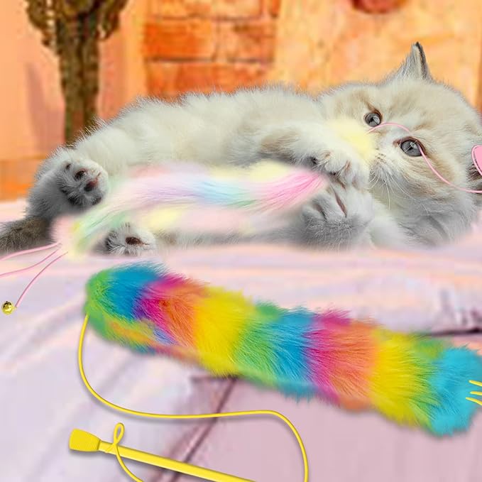 2 Pack Cat Wand Toy, Rainbow Cat Feather Toys with Bells, Cat Teaser Wand with Soft Furry Tail, Interactive Cat Toys for Indoor Cats & Kitten & Kitty