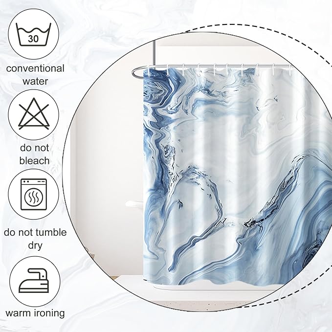 AWERT Blue Marble Shower Curtain Waterproof Shower Curtain for Bathroom Decor Printed Washable with Hooks 72x78 Inch