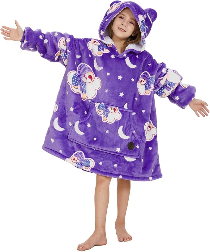 THREE POODLE Blanket Hoodie for Kids, Glow in The Dark Blanket Hoodie, Oversized Sherpa Blanket Hoodie Sweatshirt for Kids, Extremely Cozy, Warm, Soft, and Fuzzy Hoodie Blanket, One Size Fits All